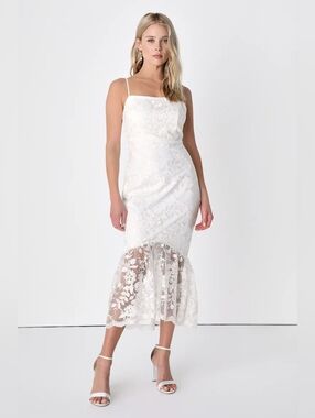 💛 64. Lulus Size L Adored Eternity White Lace Trumpet Midi Dress